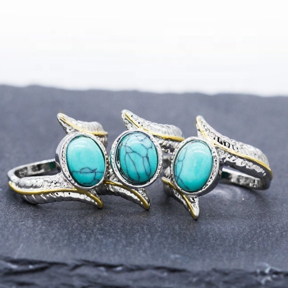 💝925 Silver Plated Green Turquoise Leather Shape Cut Ring, GPMB1514 - Picture 2 of 6